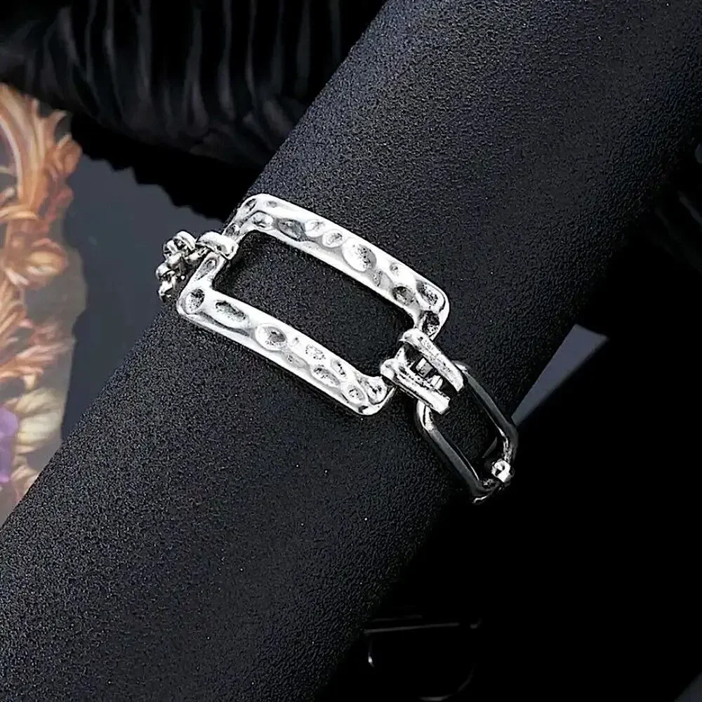 Stainless Steel Rectangular Bracelet Boho Hammered Chain Link